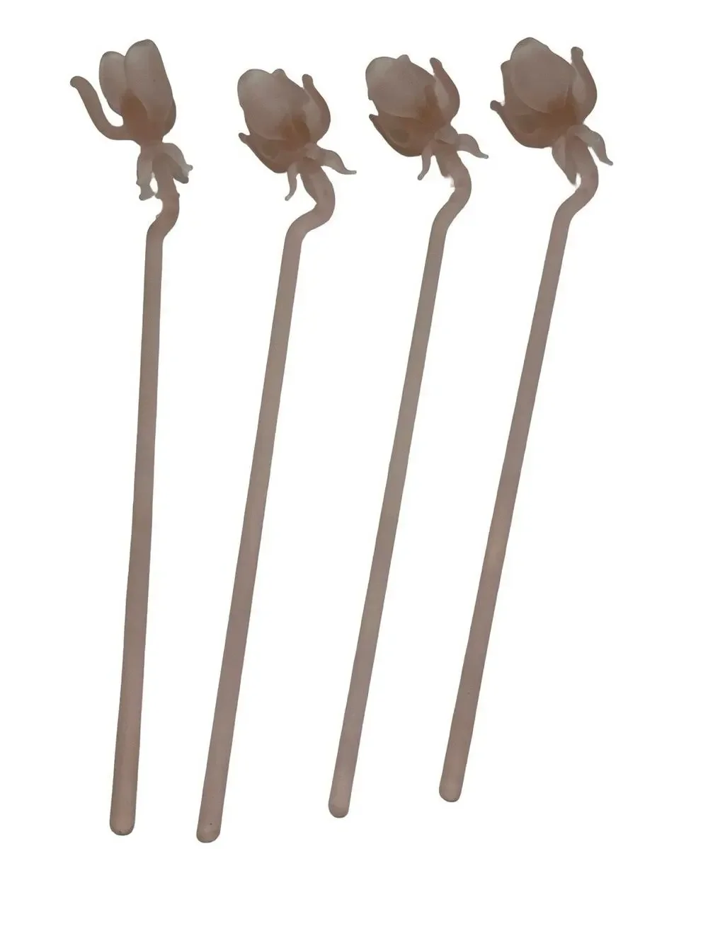 4 Vintage FROSTED GLASS Tulip Floral Topped SWIZZLE STICKS MCM